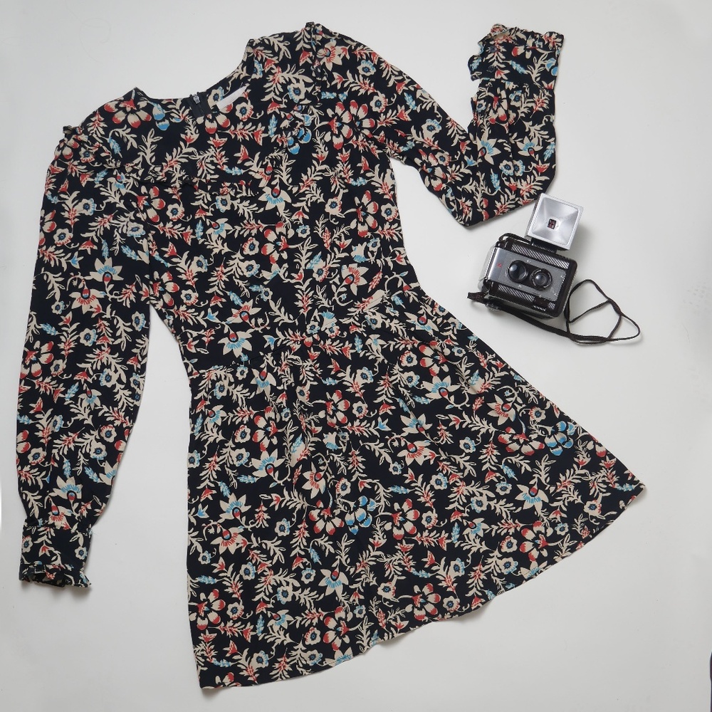 H&M Floral Ruffled Dress Black Red Blue NWOT